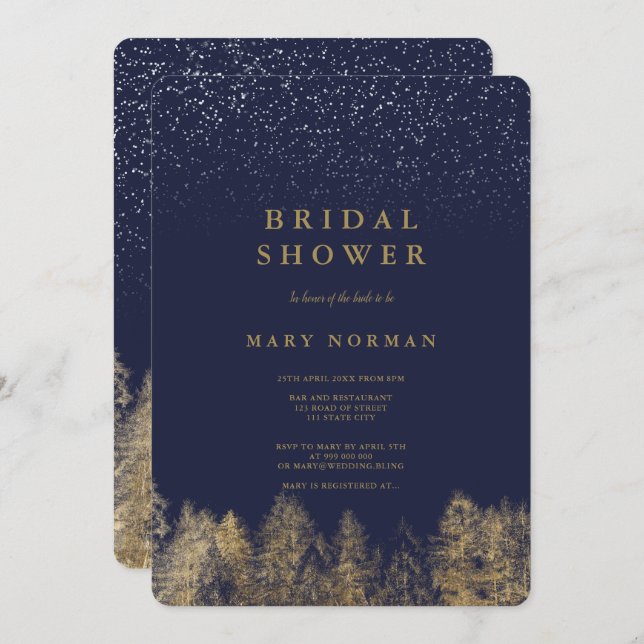Gold Winter snow navy blue pine tree bridal shower Invitation (Front/Back)