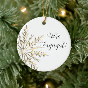 Gold Winter Snowflake on White Engagement Ceramic Tree Decoration