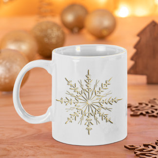 Gold Winter Snowflakes on White Large Coffee Mug