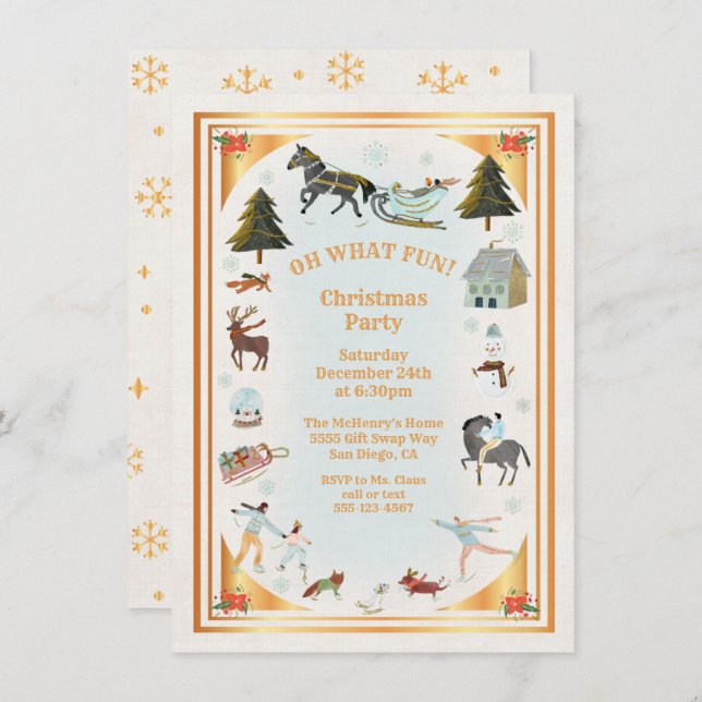 Gold Winter Village scene Christmas Party Invitation (Front/Back)