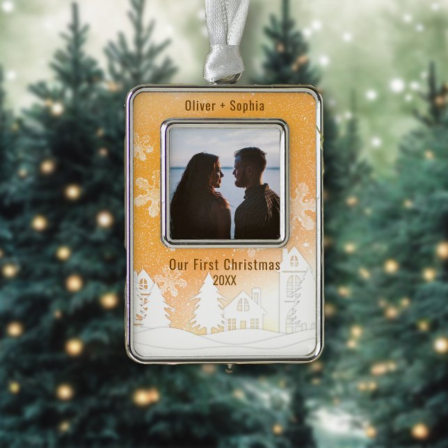 Gold Winter Wonderland Snowy Houses Photo Silver Plated Framed Ornament (Creator Uploaded)