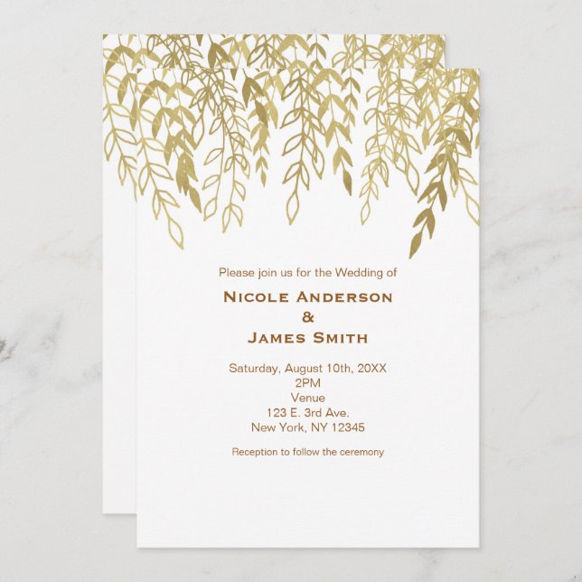 Gold Wispy Rustic Branches Wedding Invitations (Front/Back)
