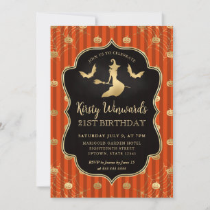 Gold Witch and Pumpkin Stripes 21st Birthday Invitation
