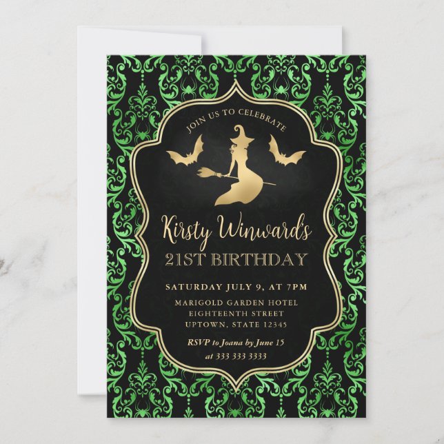 Gold Witch and Spiders Damask 21st Birthday Invitation (Front)