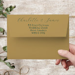 Gold With Green Elegant Script Wedding Invitation<br><div class="desc">The bride and grooms names and return address are show in forest green elegant script on these gold wedding invitation envelopes. To edit the text click on the personalise button.</div>