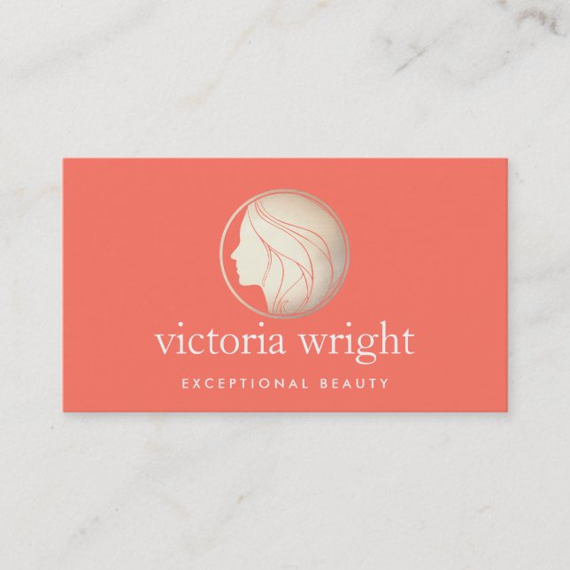 Gold Woman's Face Logo Coral Beauty and Fashion Business Card (Front)