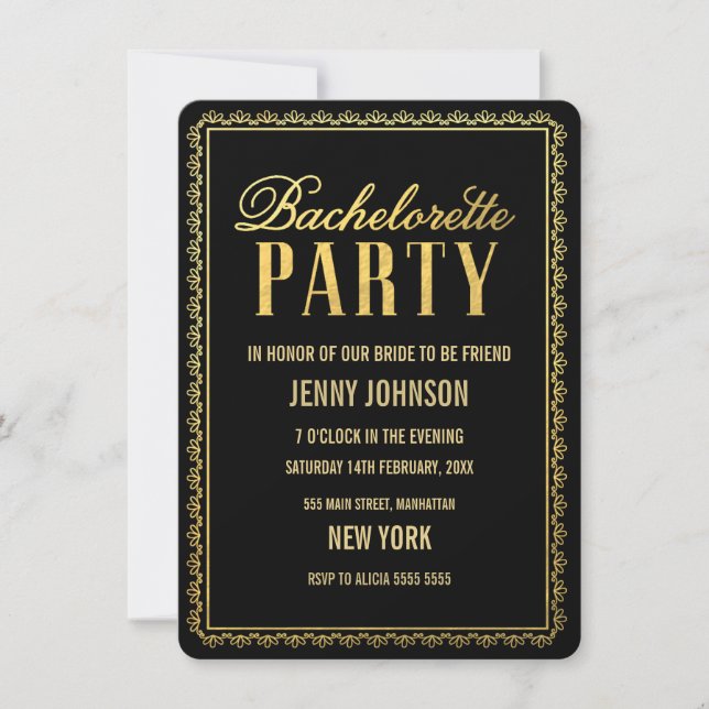 Gold Womens Bachelorette Evening Party Invite (Front)