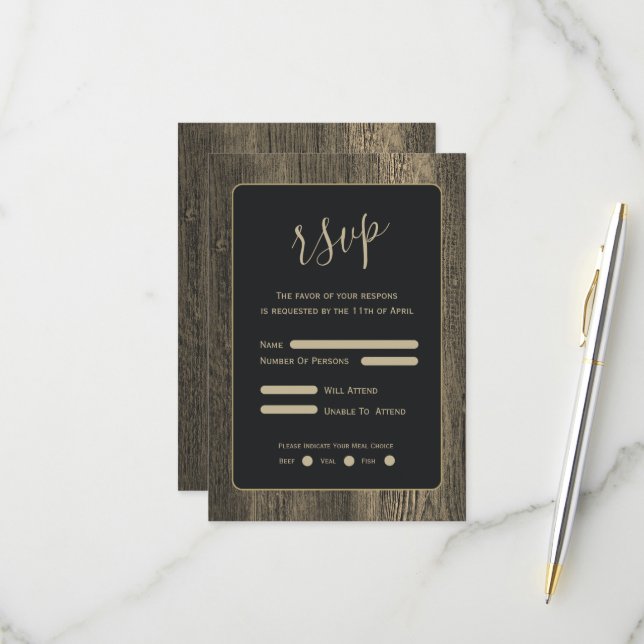 Gold Wood Grain Wedding RSVP Card (Front/Back In Situ)