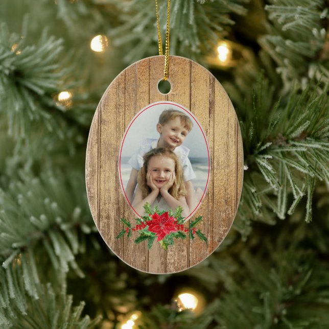 Gold Wood Poinsettia Frame Photo Template Holiday Ceramic Tree Decoration (Tree)