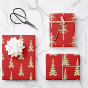 Gold Woodland Spruce Trees On Holiday Red Wrapping Wrapping Paper Sheet