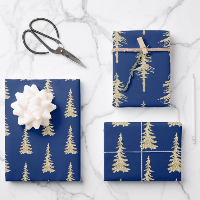 Gold Woodland Spruce Trees On Navy Blue Wrapping Paper Sheet (Front)