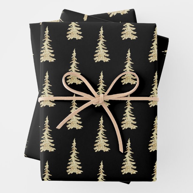 Gold Woodland Spruce Trees On Solid Black Wrapping Paper Sheet (In situ)