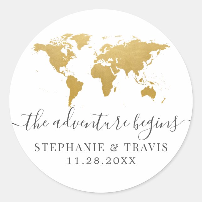 Gold World Map Adventure Begins Classic Round Sticker (Front)