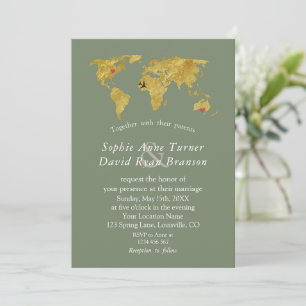 Gold World Map Destination Sage Green Wedding Invitation