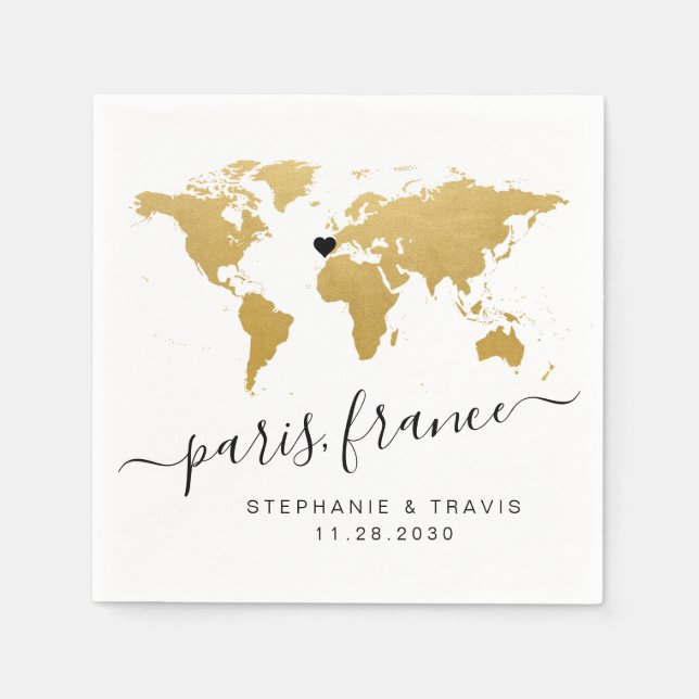 Gold World Map Heart Destination Shower Napkin (Front)