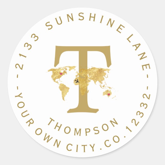 Gold World Map Monogram Circular Address Label (Front)