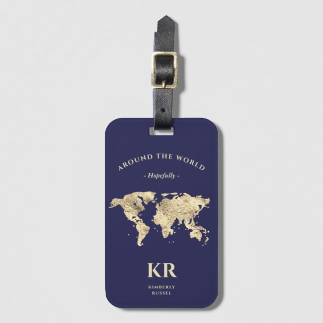 Gold World Map Monogram Traveller Luggage Tag (Front Vertical)