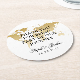 Gold World Map Travel Thank You Wedding Favour Round Paper Coaster