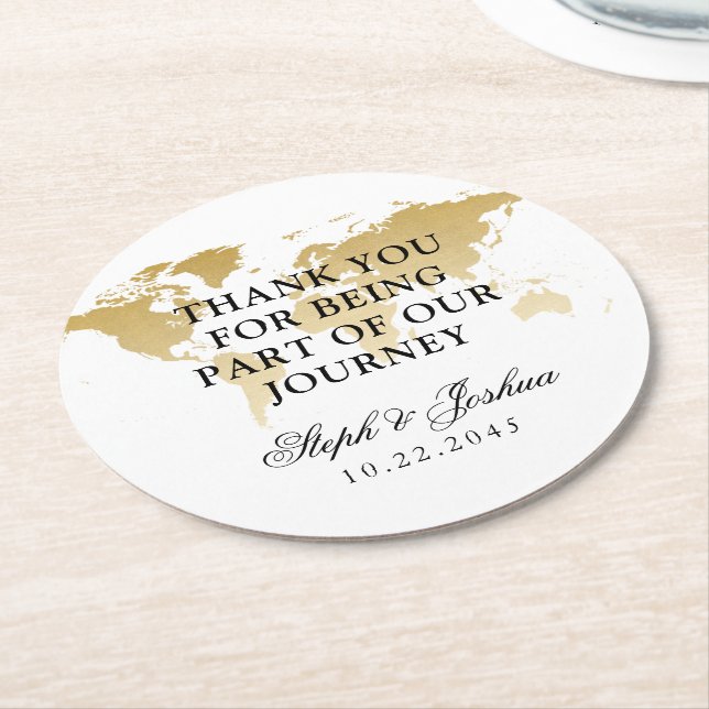 Gold World Map Travel Thank You Wedding Favour Round Paper Coaster (Angled)
