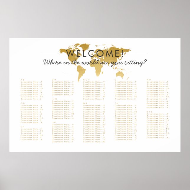 Gold World Map Travel Theme Seating Chart (Front)