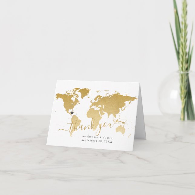 Gold World Map with Photo Folded Thank You Card (Front)