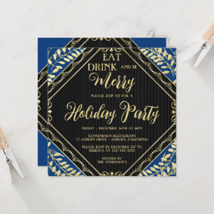 Gold Wreath and Blue Holiday Party Invitation