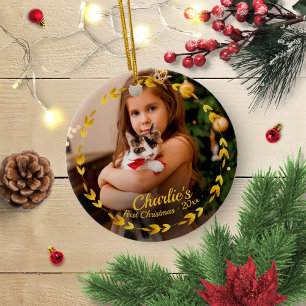 Gold Wreath Cat First Christmas Simple Photo Ceramic Tree Decoration