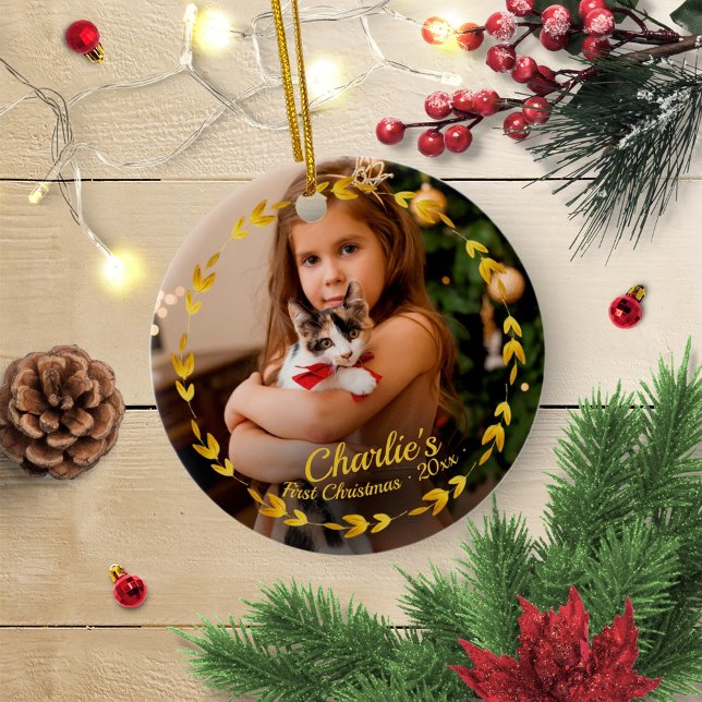 Gold Wreath Cat First Christmas Simple Photo Ceramic Tree Decoration (Creator Uploaded)