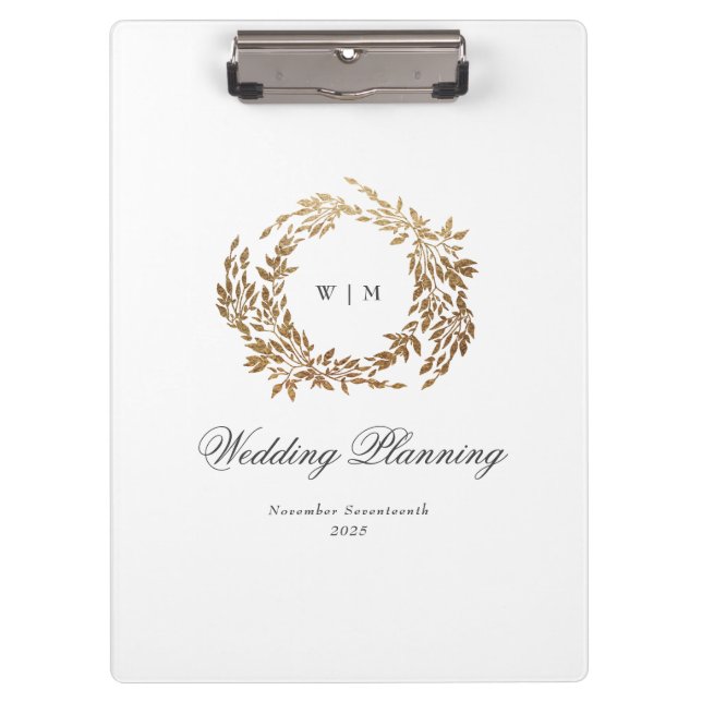 Gold Wreath Classic Monogram Wedding Clipboard (Front)