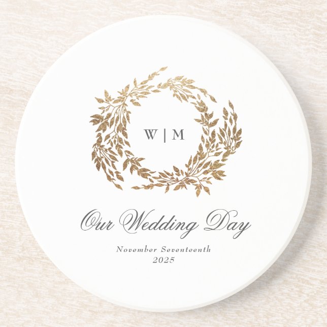 Gold Wreath Classic Monogram Wedding Coaster (Front)