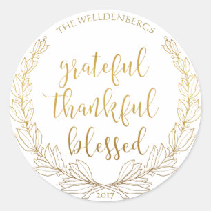 Gold Wreath Grateful Thankful Blessed Monogram Classic Round Sticker