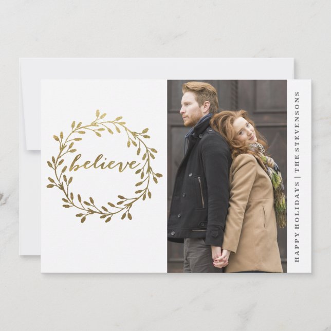 Gold Wreath Holiday Card with Photo (Front)