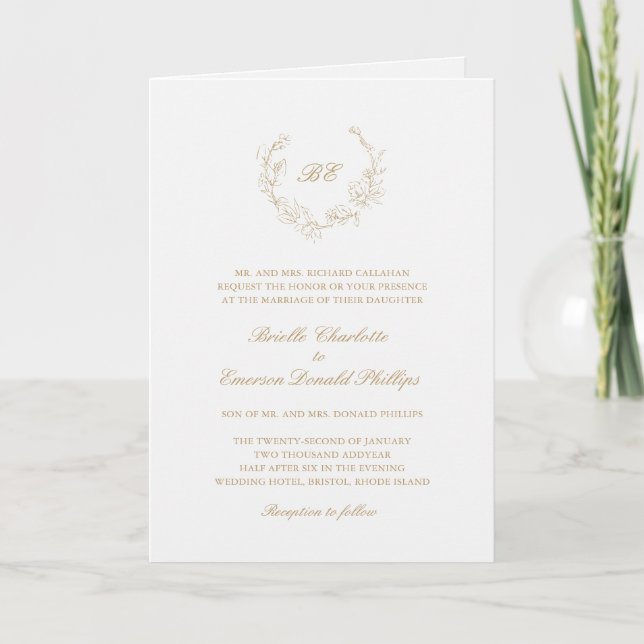 Gold Wreath Monogram Elegant Wedding Invitation (Front)