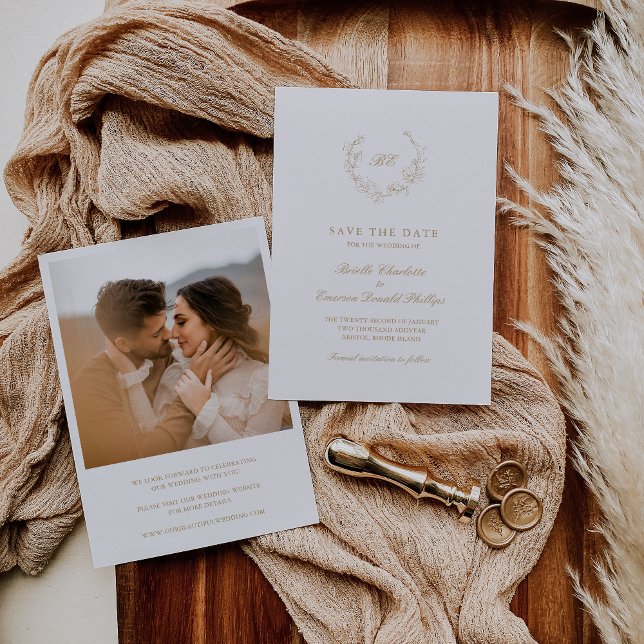 Gold Wreath Monogram Photo Elegant Wedding Save The Date (Creator Uploaded)