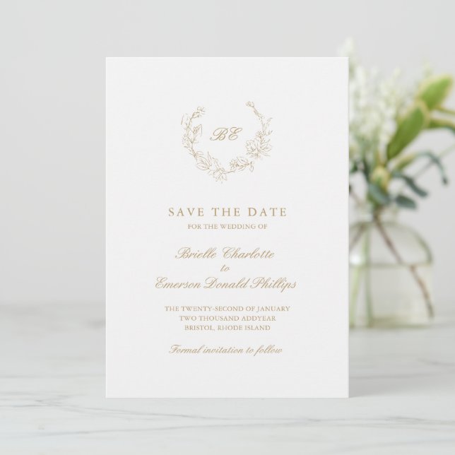 Gold Wreath Monogram QR Code Elegant Wedding Save The Date (Standing Front)