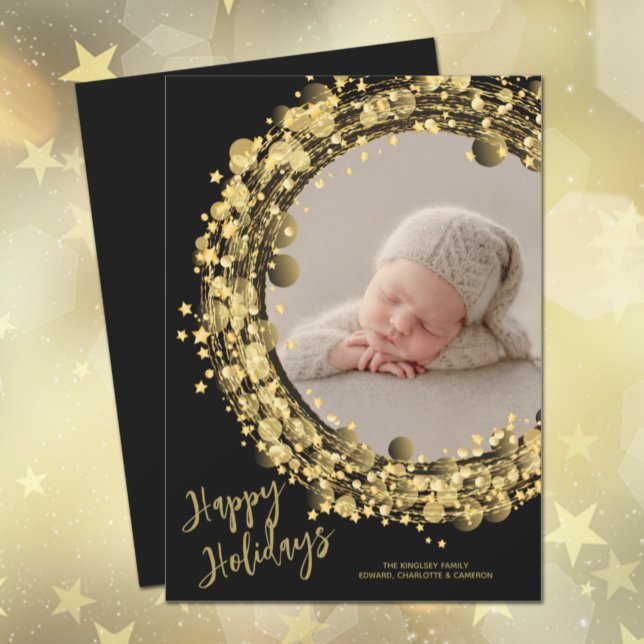 Gold Wreath on Black Happy Holiday Card (Creator Uploaded)