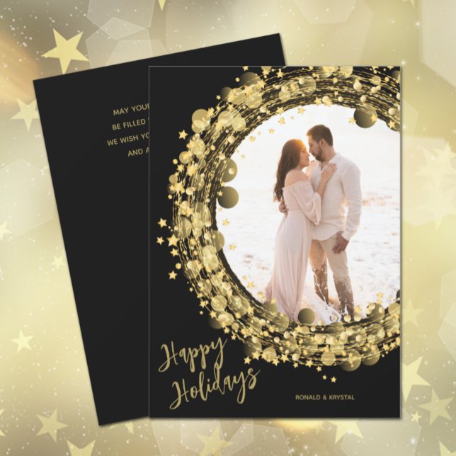 Gold Wreath on Black Happy Holiday Card (Creator Uploaded)