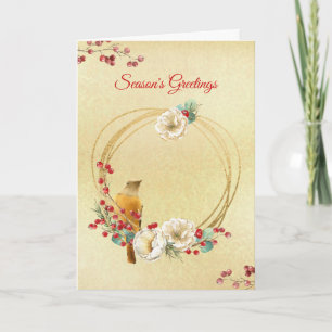 Gold Wreath with Magnolia and Bird Christmas Card