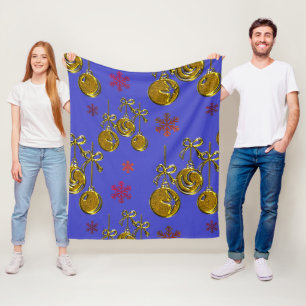 Gold Xmas Baubles and Snowflakes Blue Christmas Fleece Blanket