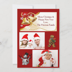 Gold XMas Bells, Beads and Snowflakes Flat Card