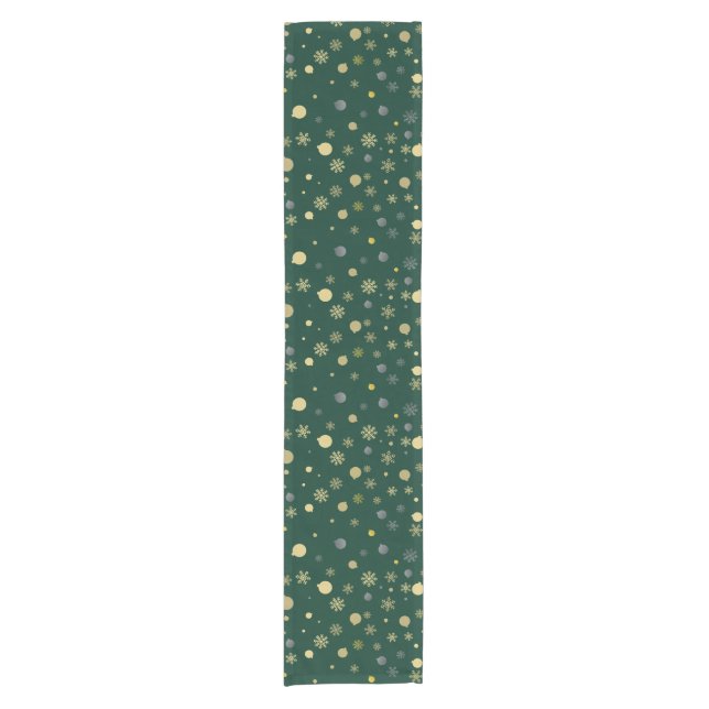 Gold Xmas Ornaments&Snowflake Pattern on Green Short Table Runner (Front)