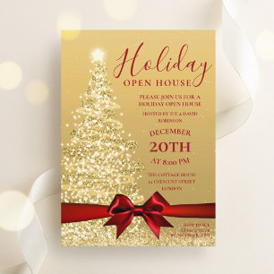 Gold Xmas Tree Christmas Holiday Open House Invitation