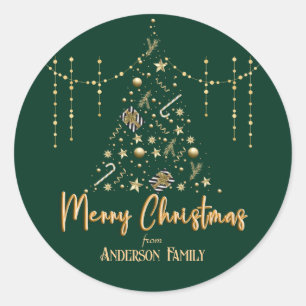 Gold Xmas Tree Emerald Green Merry Christmas Classic Round Sticker