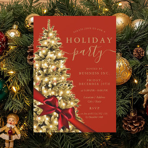 Gold Xmas Tree Red Bow Corporate Holiday Red  Invitation