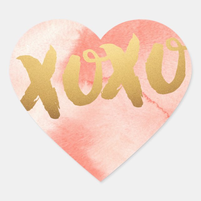 Gold XOXO love Pink watercolor Heart Stickers (Front)