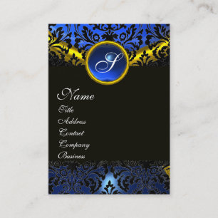 GOLD YELLOW BLACK BLUE SAPPHIRE DAMASK MONOGRAM BUSINESS CARD
