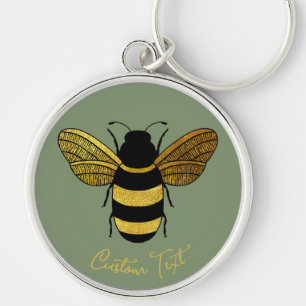 GOLD YELLOW BLACK BUMBLEBEE CALLIGRAPHY TEXT BEE KEY RING