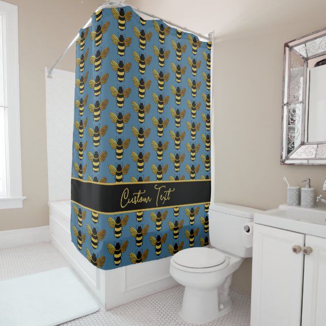 GOLD YELLOW BLACK BUMBLEBEE PATTERN TEXT BEES BLUE SHOWER CURTAIN (In Situ)