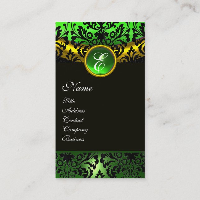 GOLD YELLOW  BLACK GREEN EMERALD  DAMASK MONOGRAM BUSINESS CARD (Front)