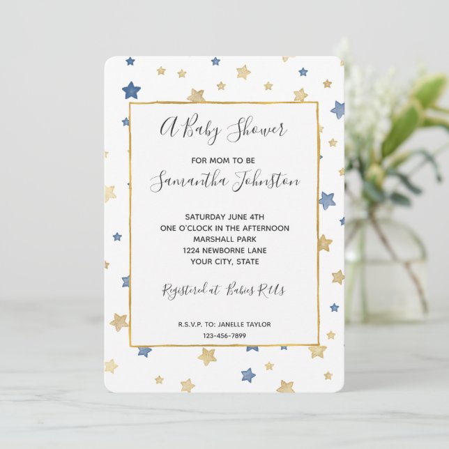 Gold Yellow Blue Stars Baby Shower Invitation (Standing Front)